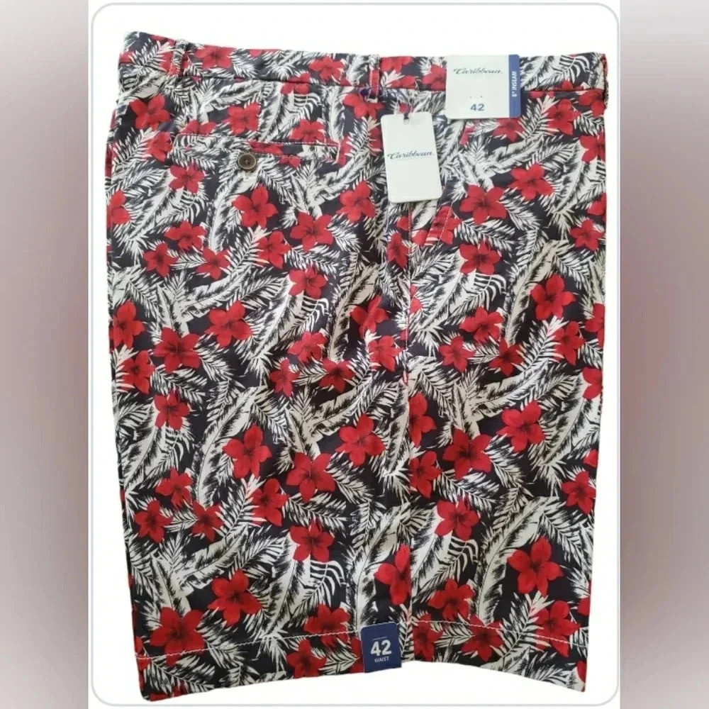 Island Tropical Men 42 Red Floral Hawaiian Cotton Vacation Cruise Shorts New